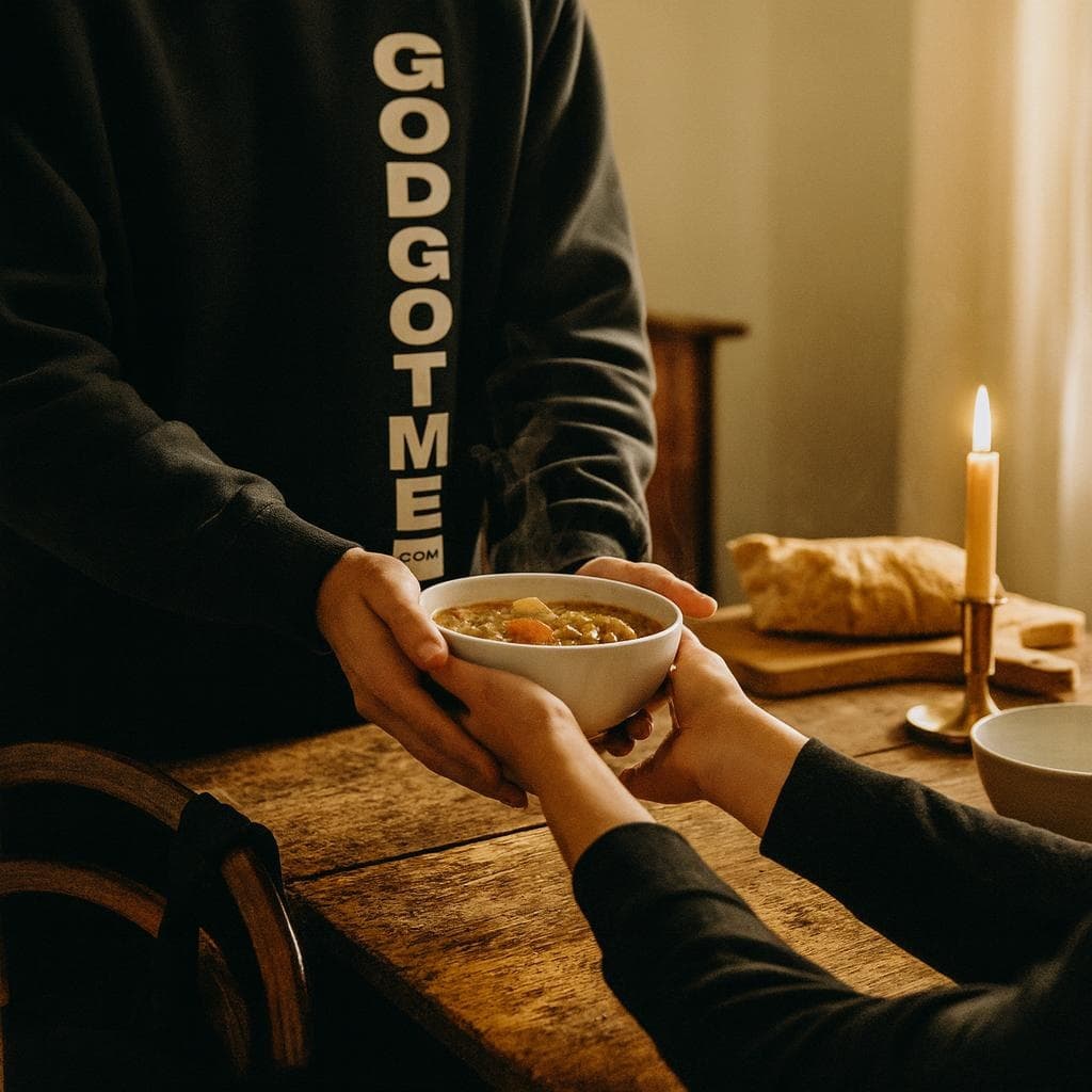 Multiple hands meeting in the center of a wooden communal table — passing a steaming bowl of stew, tearing bread, pouring water — the body of Christ at a shared meal